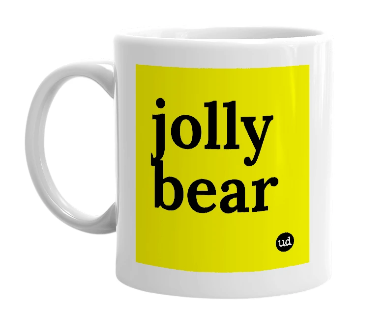 White mug with 'jolly bear' in bold black letters