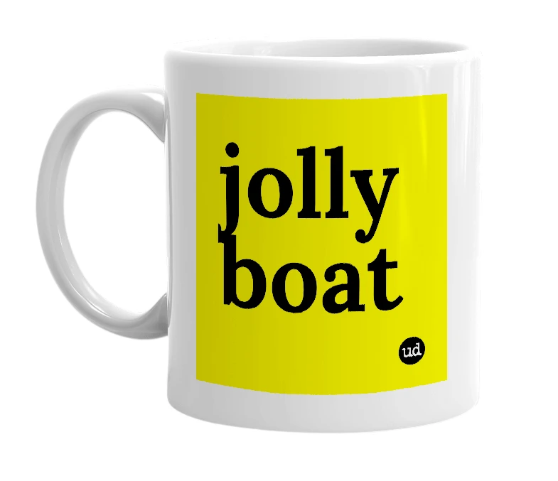 White mug with 'jolly boat' in bold black letters