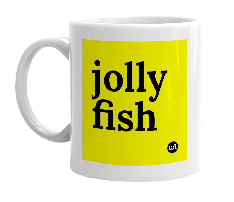 White mug with 'jolly fish' in bold black letters