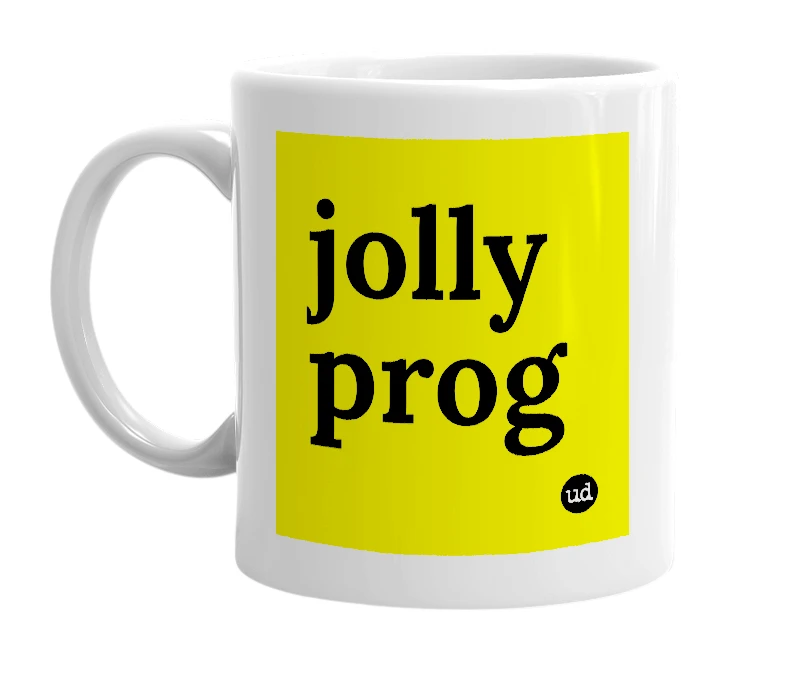White mug with 'jolly prog' in bold black letters