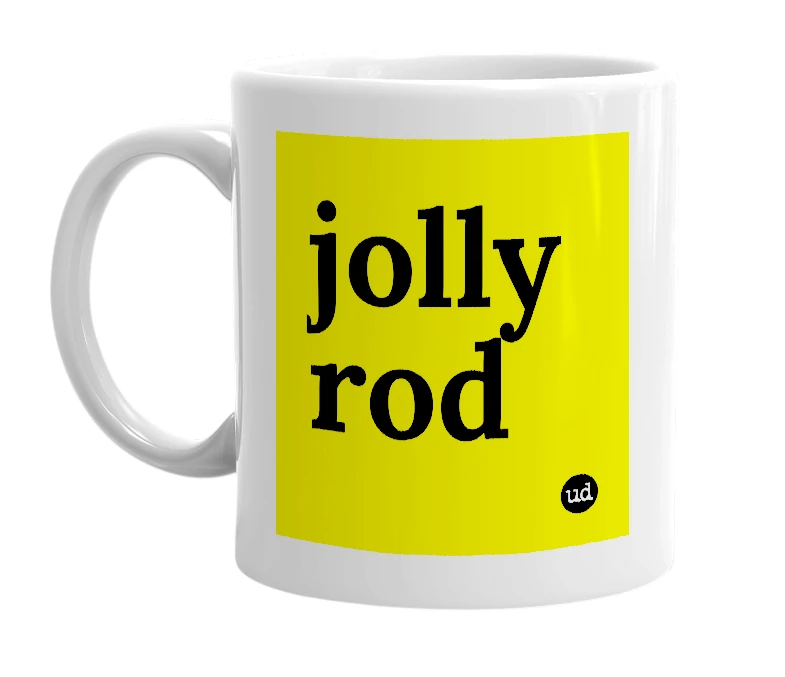 White mug with 'jolly rod' in bold black letters