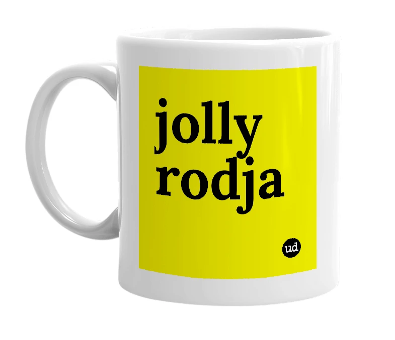 White mug with 'jolly rodja' in bold black letters