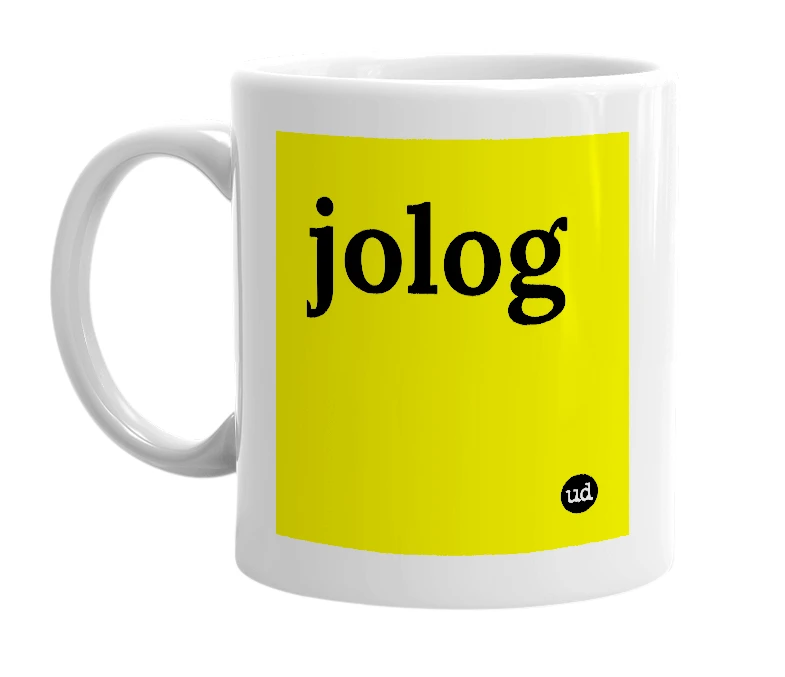 White mug with 'jolog' in bold black letters