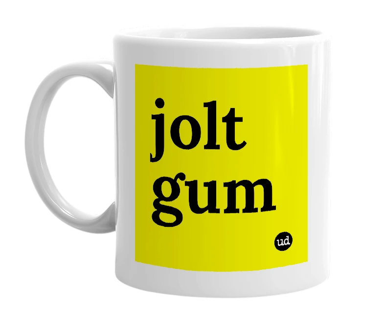 White mug with 'jolt gum' in bold black letters