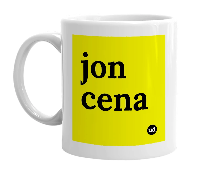 White mug with 'jon cena' in bold black letters
