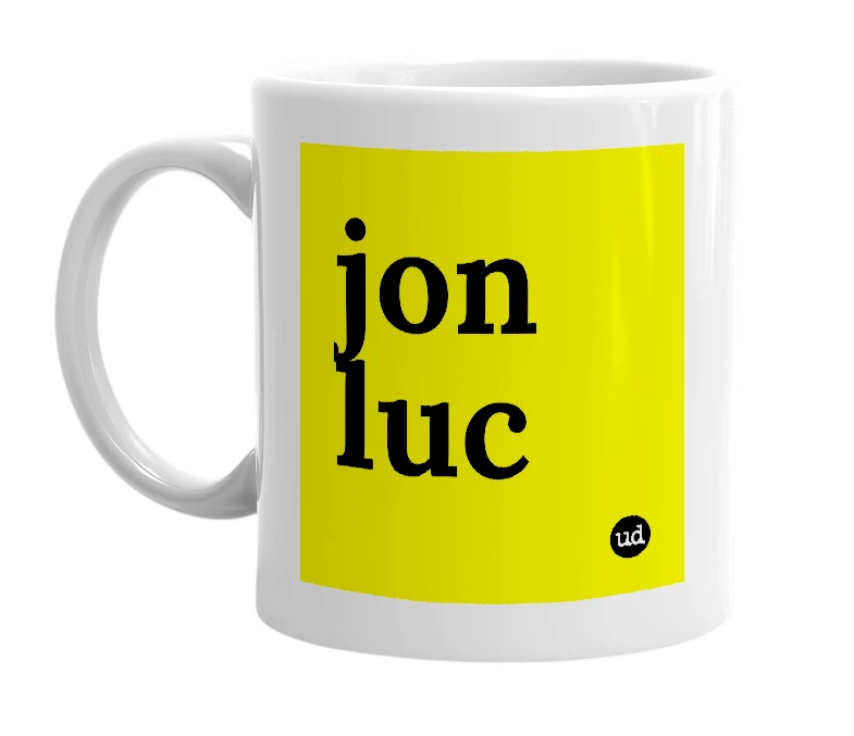 White mug with 'jon luc' in bold black letters