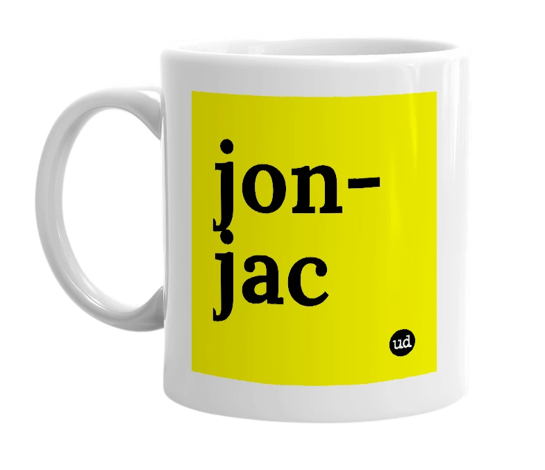 White mug with 'jon-jac' in bold black letters