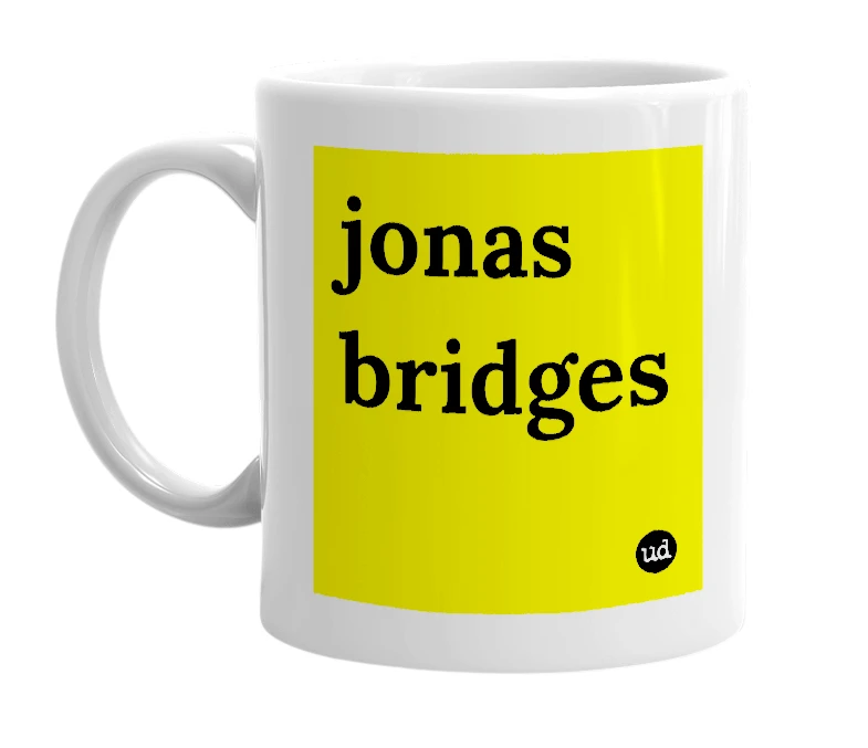 White mug with 'jonas bridges' in bold black letters