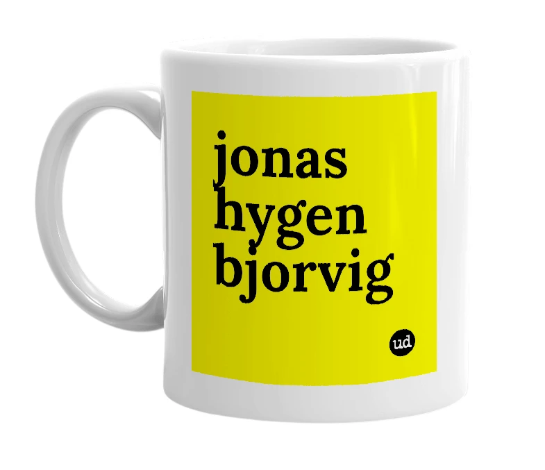 White mug with 'jonas hygen bjorvig' in bold black letters