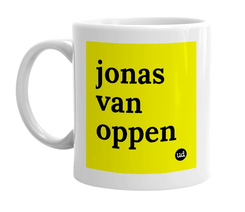 White mug with 'jonas van oppen' in bold black letters