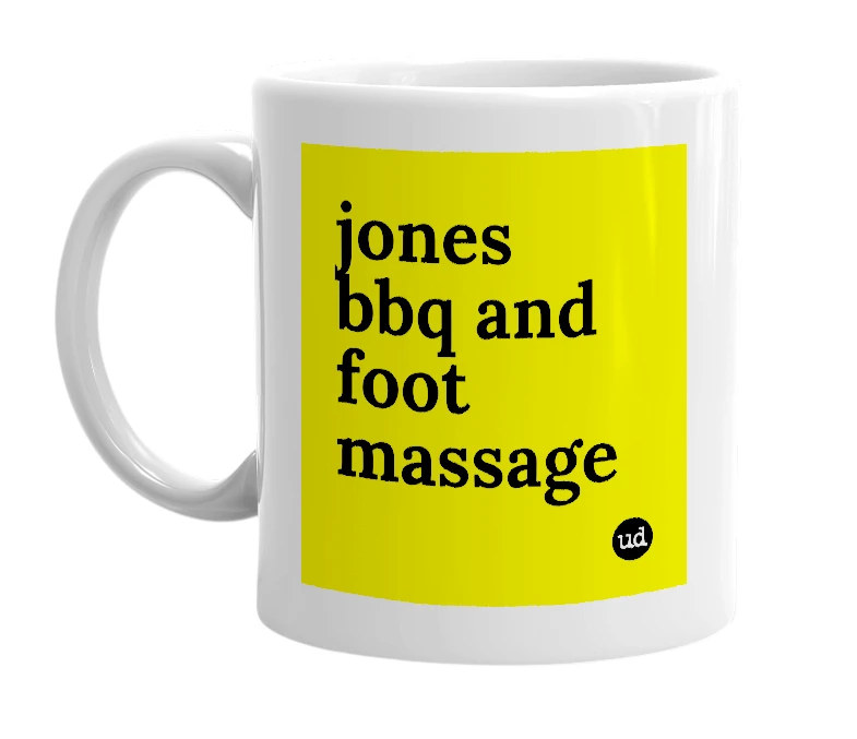 White mug with 'jones bbq and foot massage' in bold black letters