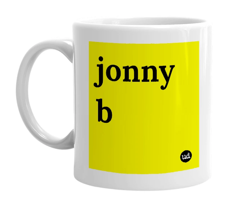 White mug with 'jonny b' in bold black letters