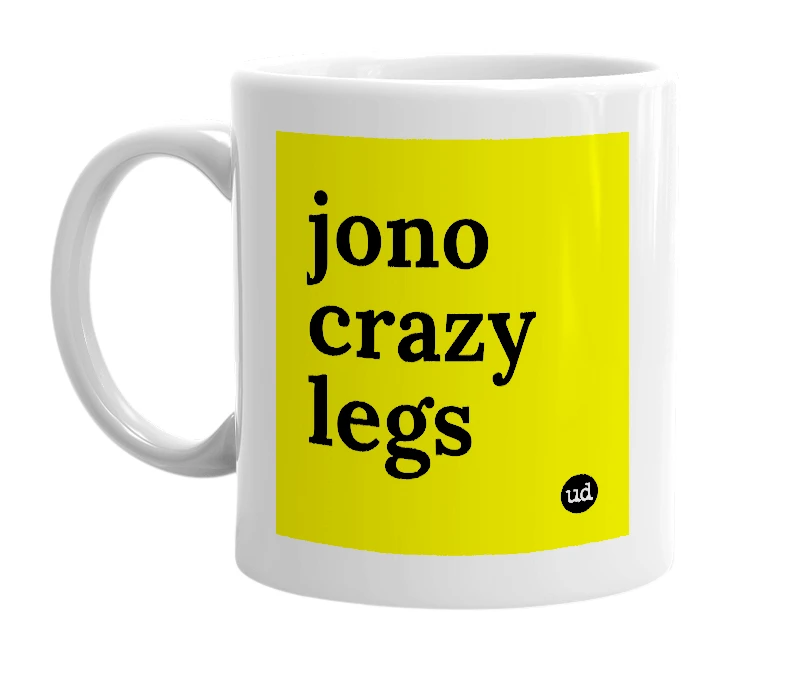 White mug with 'jono crazy legs' in bold black letters