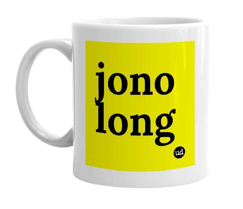 White mug with 'jono long' in bold black letters