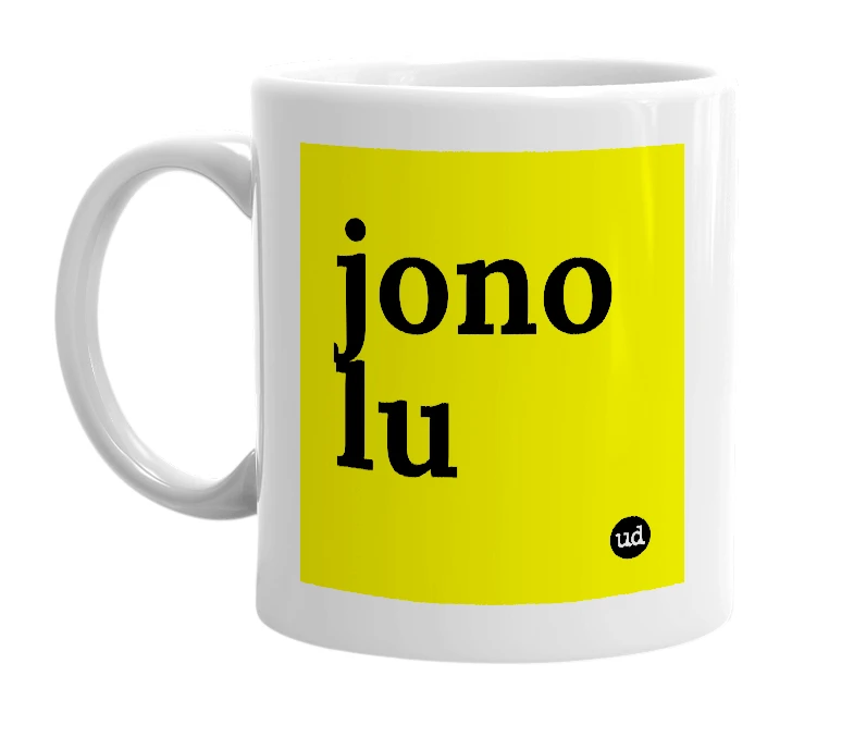 White mug with 'jono lu' in bold black letters