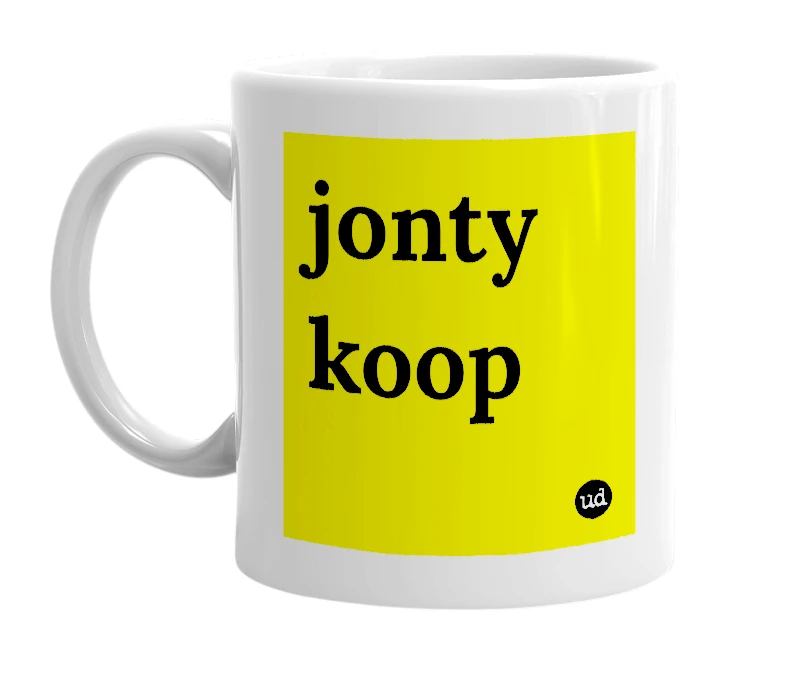 White mug with 'jonty koop' in bold black letters