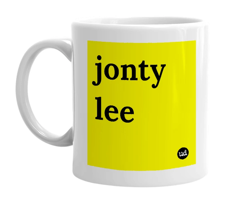 White mug with 'jonty lee' in bold black letters