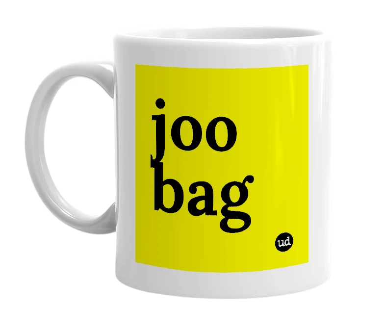 White mug with 'joo bag' in bold black letters