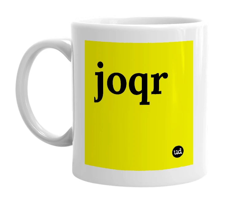 White mug with 'joqr' in bold black letters