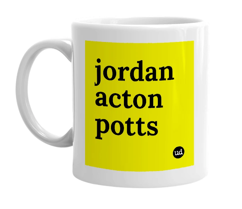 White mug with 'jordan acton potts' in bold black letters