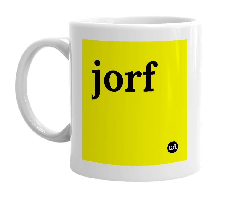 White mug with 'jorf' in bold black letters