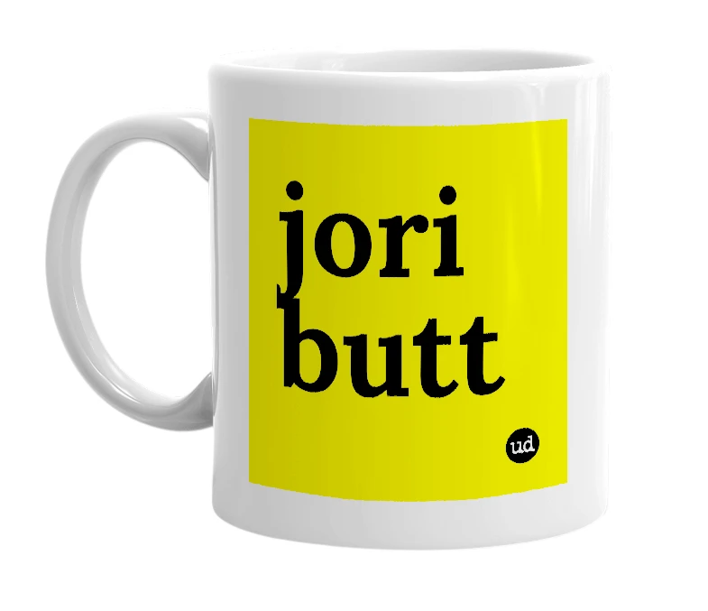 White mug with 'jori butt' in bold black letters