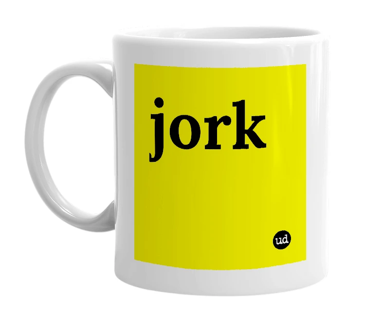 White mug with 'jork' in bold black letters