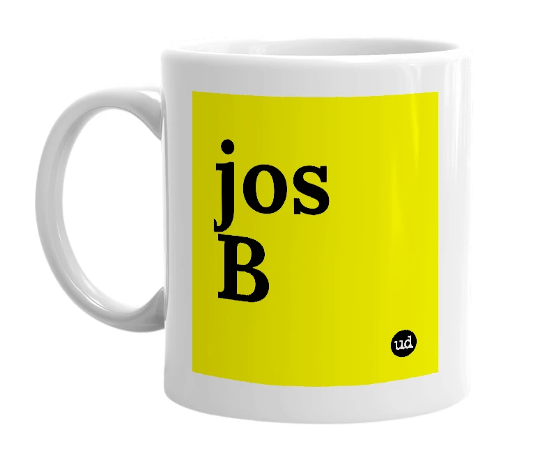 White mug with 'jos B' in bold black letters