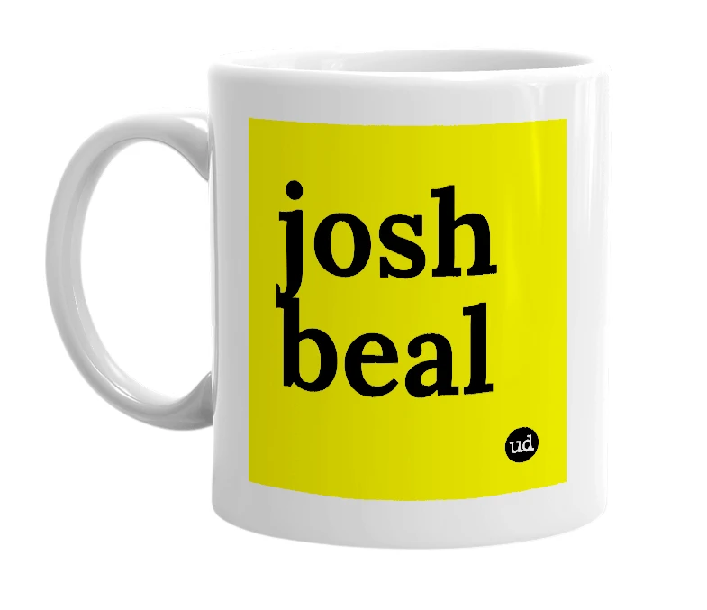White mug with 'josh beal' in bold black letters