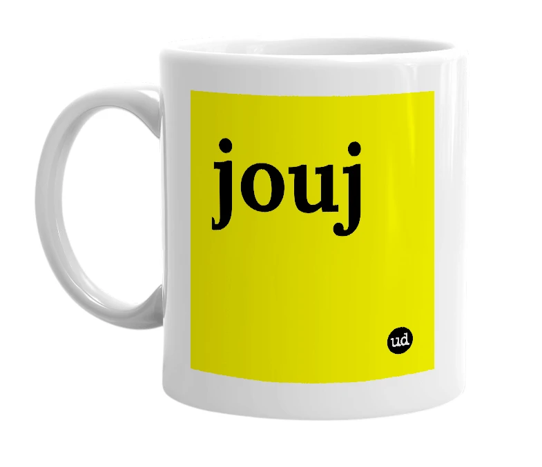 White mug with 'jouj' in bold black letters