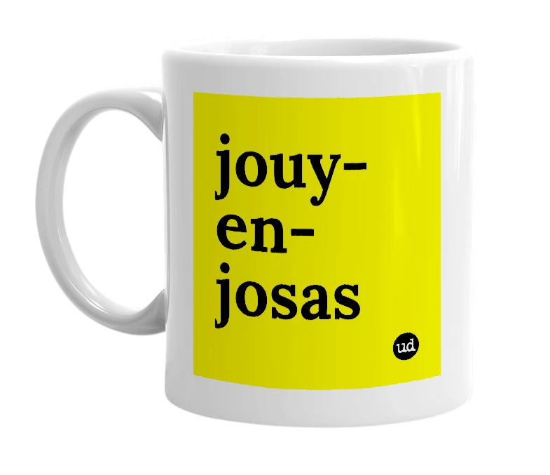 White mug with 'jouy-en-josas' in bold black letters