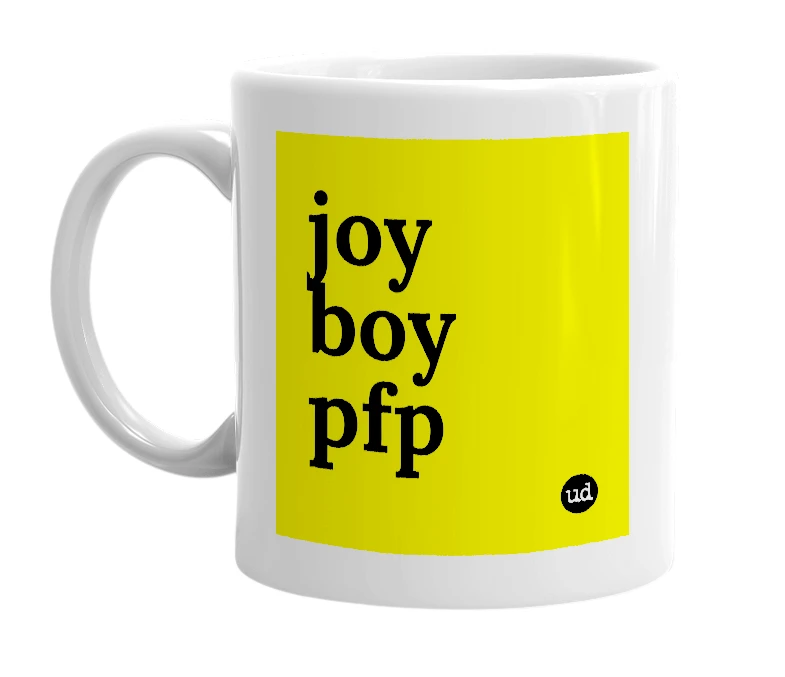 White mug with 'joy boy pfp' in bold black letters