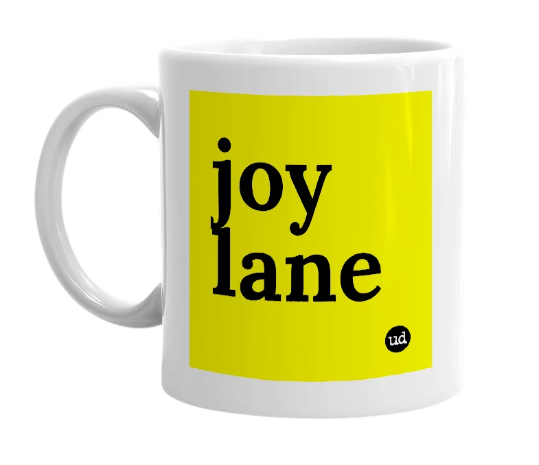 White mug with 'joy lane' in bold black letters