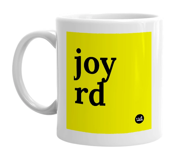 White mug with 'joy rd' in bold black letters