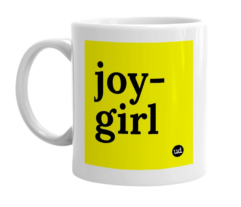 White mug with 'joy-girl' in bold black letters