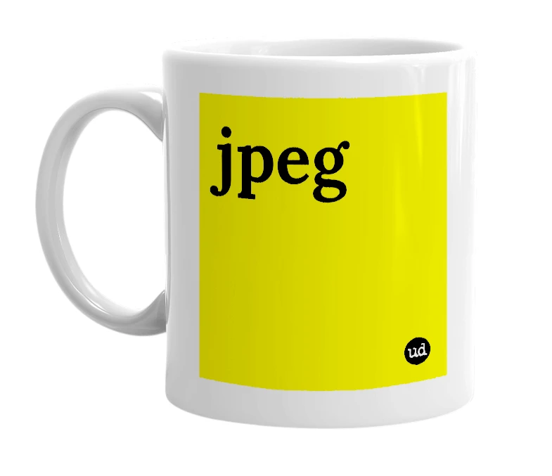 White mug with 'jpeg' in bold black letters