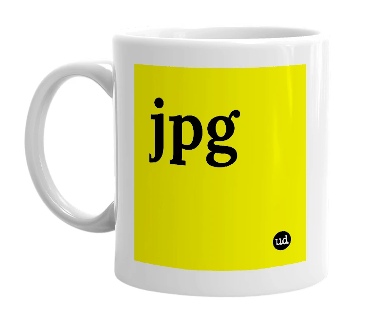 White mug with 'jpg' in bold black letters