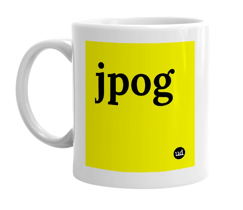 White mug with 'jpog' in bold black letters