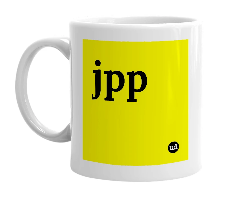 White mug with 'jpp' in bold black letters