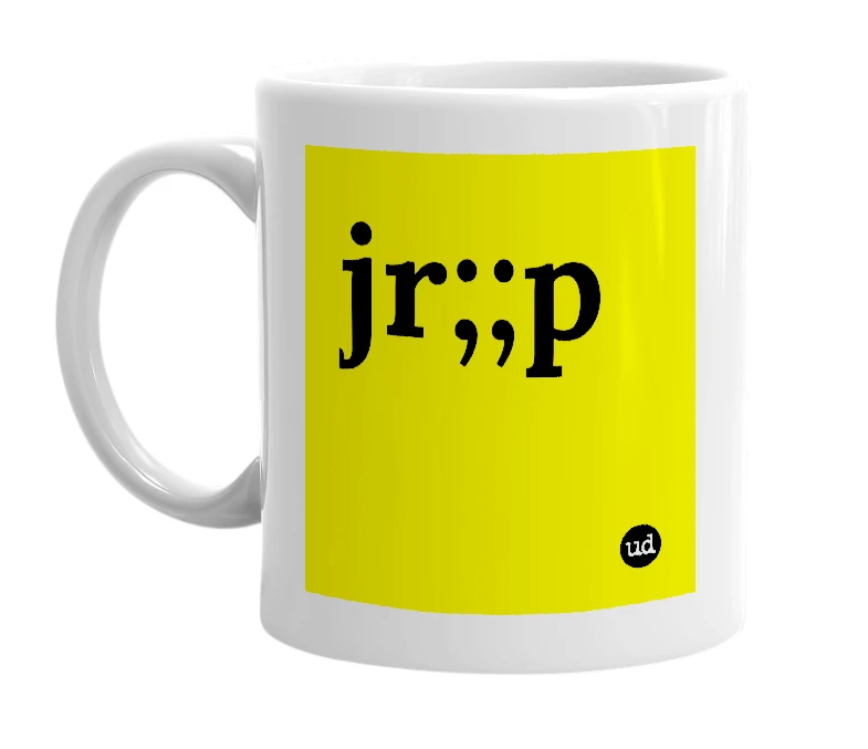 White mug with 'jr;;p' in bold black letters