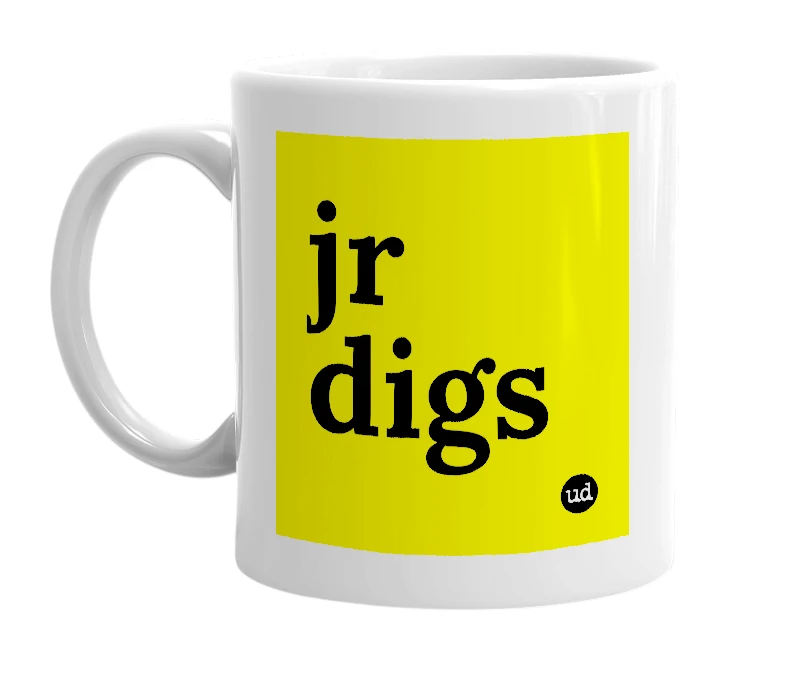 White mug with 'jr digs' in bold black letters