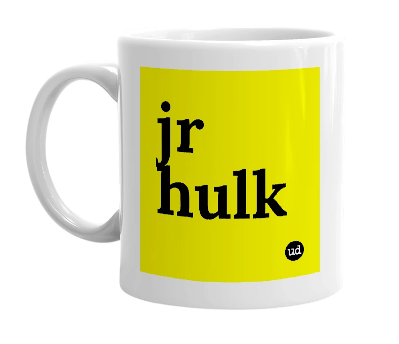 White mug with 'jr hulk' in bold black letters