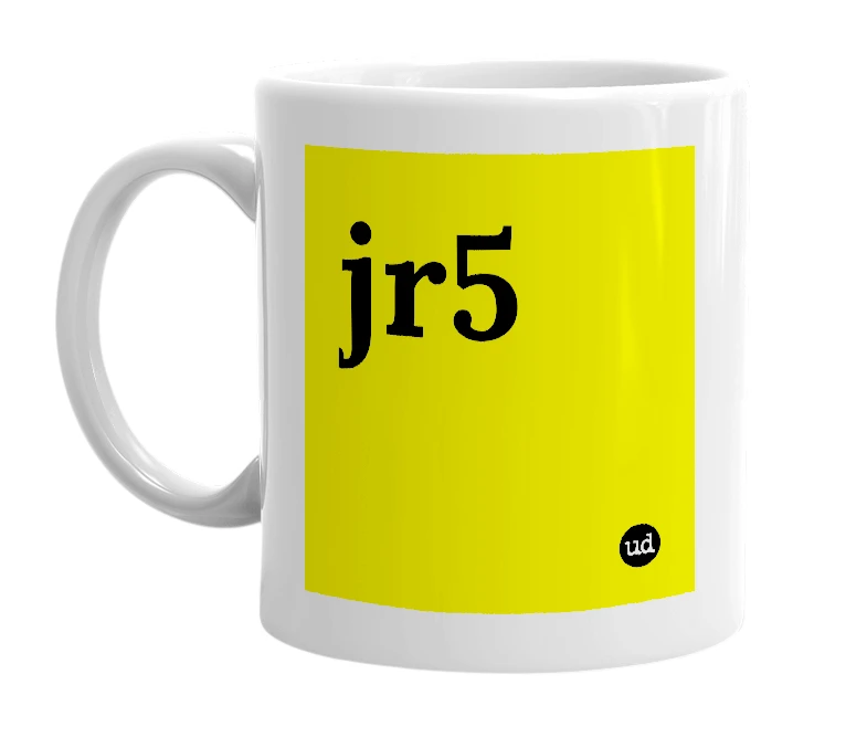 White mug with 'jr5' in bold black letters