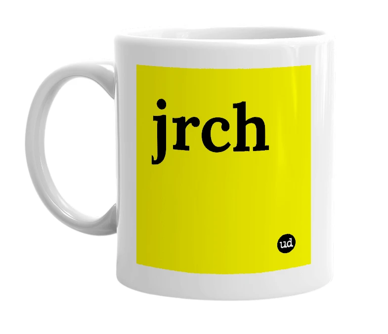 White mug with 'jrch' in bold black letters