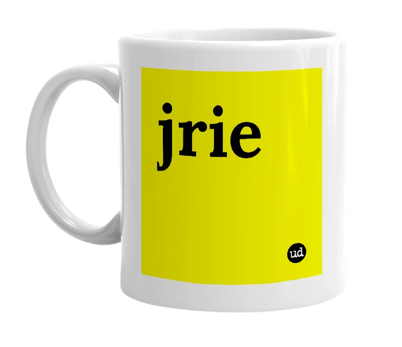 White mug with 'jrie' in bold black letters