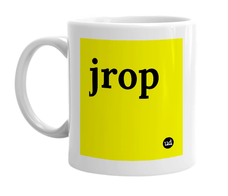 White mug with 'jrop' in bold black letters