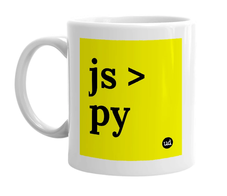 White mug with 'js > py' in bold black letters