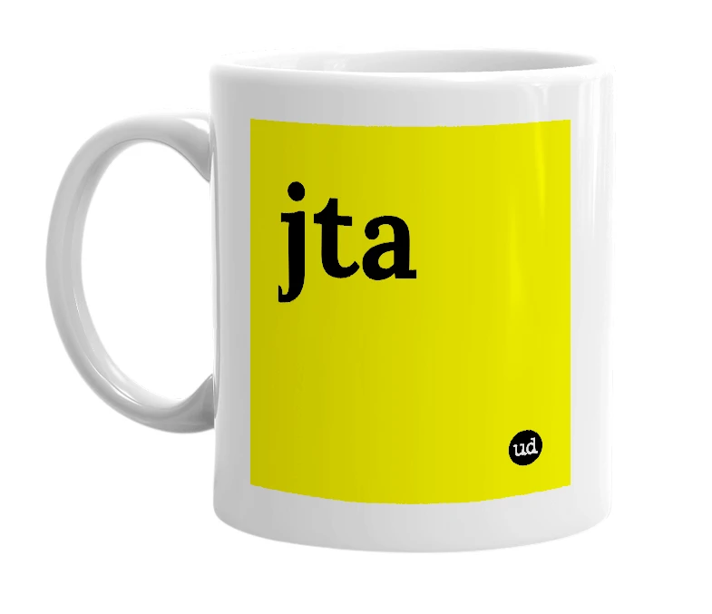 White mug with 'jta' in bold black letters