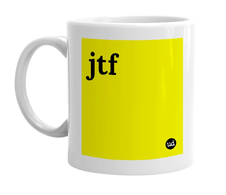 White mug with 'jtf' in bold black letters