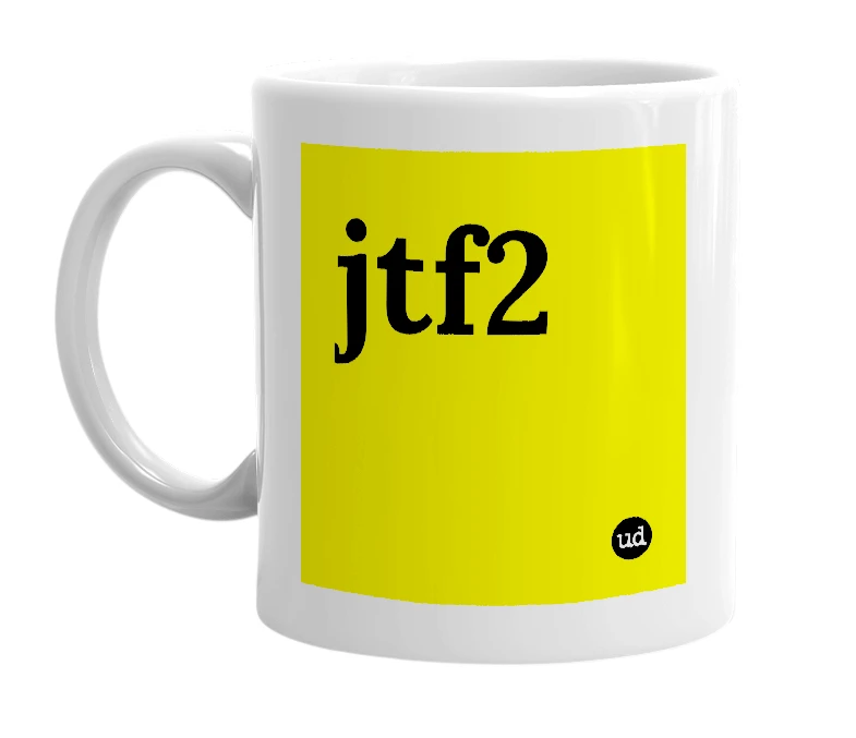 White mug with 'jtf2' in bold black letters